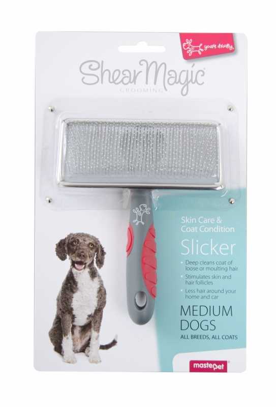 Shear Magic Slicker Brush designed for grooming dogs' coats.