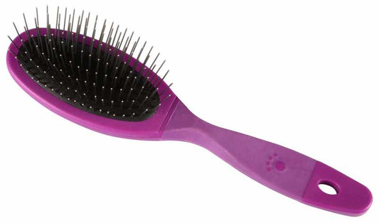 A purple professional small pin brush with stainless steel pins, designed for pet grooming.