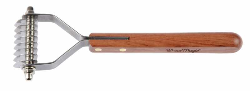 A professional narrow undercoat rake with stainless steel blades and a wooden handle, featuring the Shear Magic brand logo.