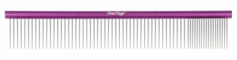 A professional aluminium pet comb with a purple handle measuring 250mm in length with coarse and medium teeth markings.