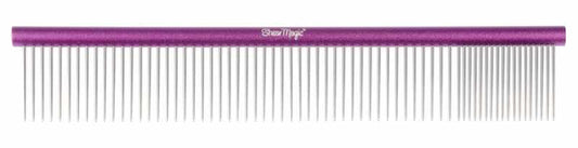 A professional aluminium pet comb with a purple handle measuring 250mm in length with coarse and medium teeth markings.