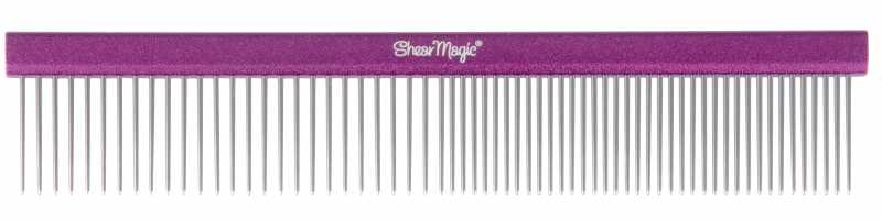 A professional aluminium pet comb with coarse and medium teeth, primarily purple in color Shear Magic