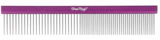 A professional aluminium pet comb with coarse and medium teeth, primarily purple in color Shear Magic