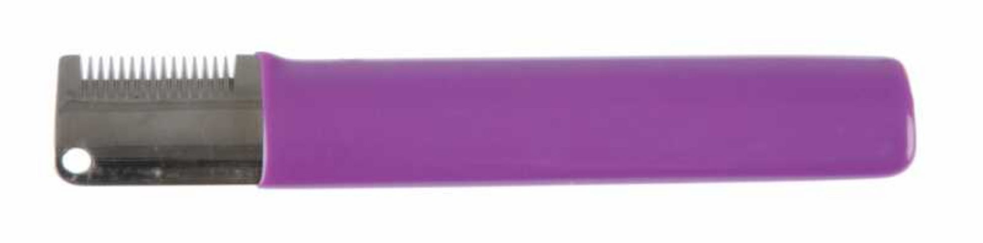 A professional stripping knife with a purple handle and 14 coarse teeth, made from stainless steel, designed for pet grooming.