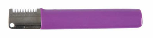 A professional stripping knife with a purple handle and 14 coarse teeth, made from stainless steel, designed for pet grooming.